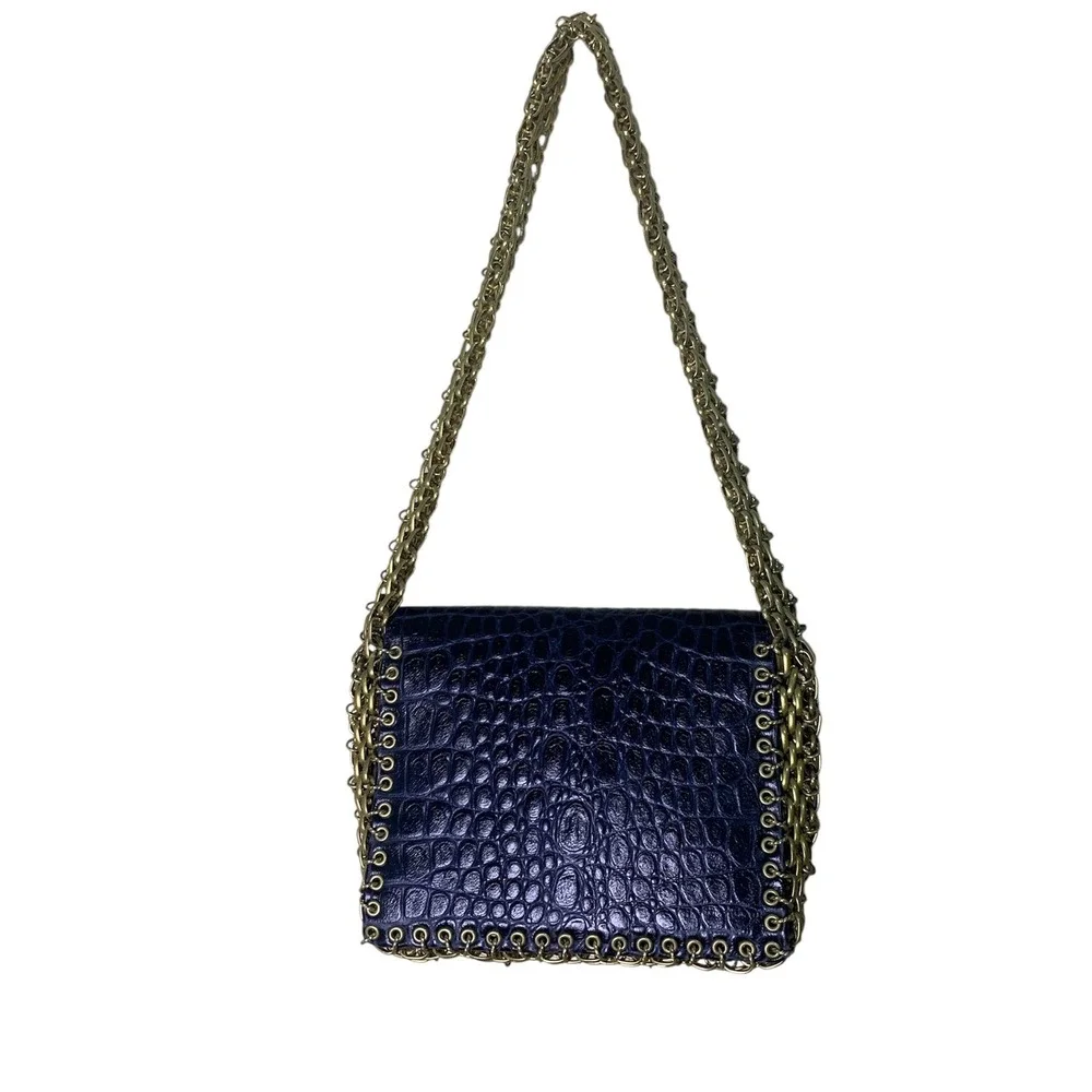 Tory Burch Shoulder Bag Womens Small Navy Croc Embossed Chainmail Gusset Runway
